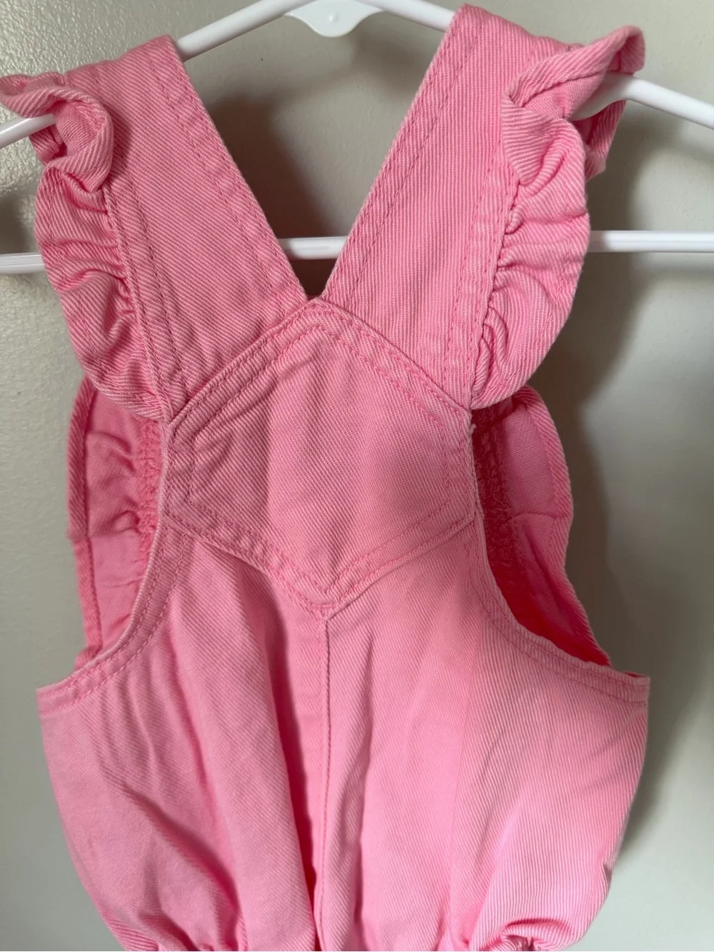 Old Navy Girls 12-18M Pink Denim Overall Romper Sleeveless Ruffle Cotton